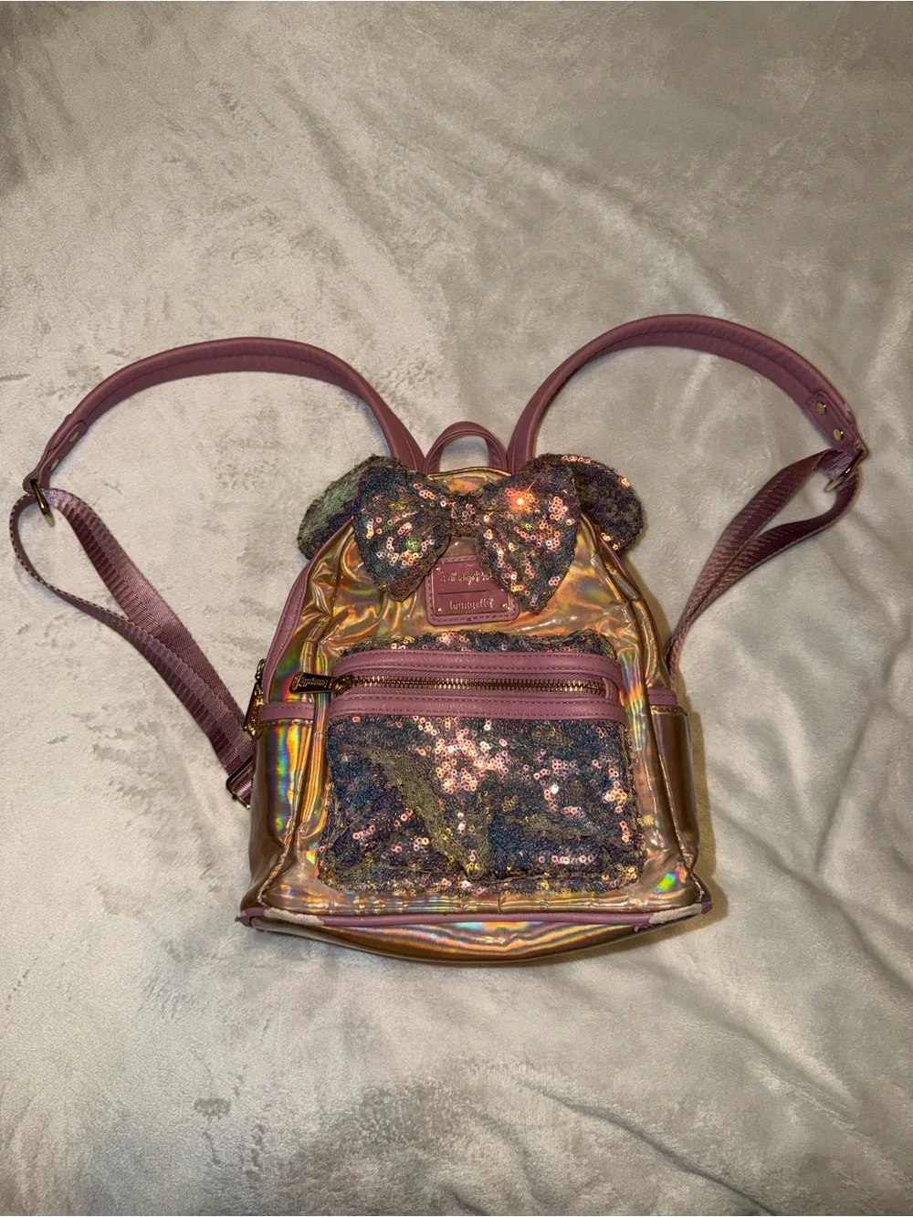 Loungefly Disney Parks Iridescent Pink Holographic Mini Backpack with Sequin Bow
